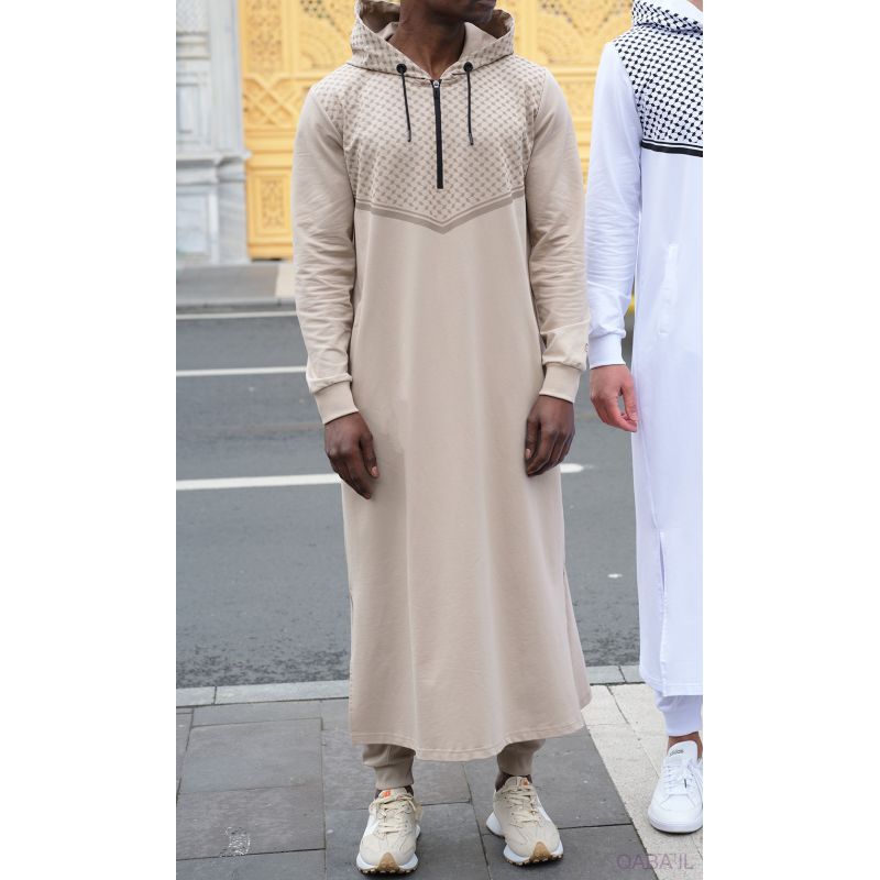 Qamis Beige Long Impression Keffieh avec Capuche Qaba'il : QUDS