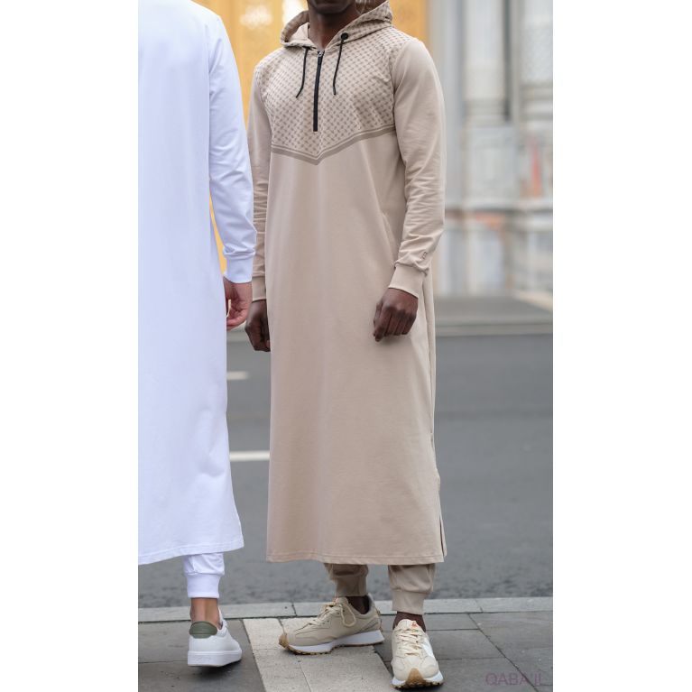 Qamis Beige Long Impression Keffieh avec Capuche Qaba'il : QUDS