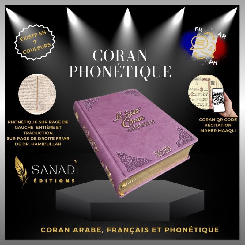 Coran de Luxe Fr/Ar et Phonétique avec QR Code - Mauve - Tailles : 13,50 x 20 cm - Éditions Sanadi 