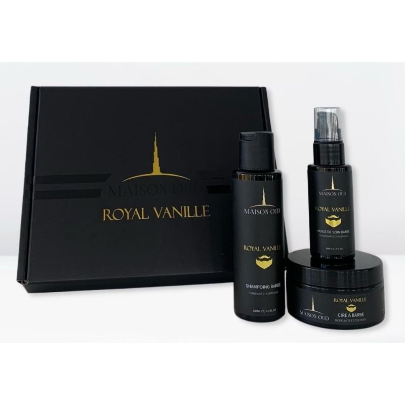 Kit Barbe Homme - Parfum Collection Privée : Royal Vanille - Coffret : Shampoing, Cire, Huile Barbe- Maison Oud