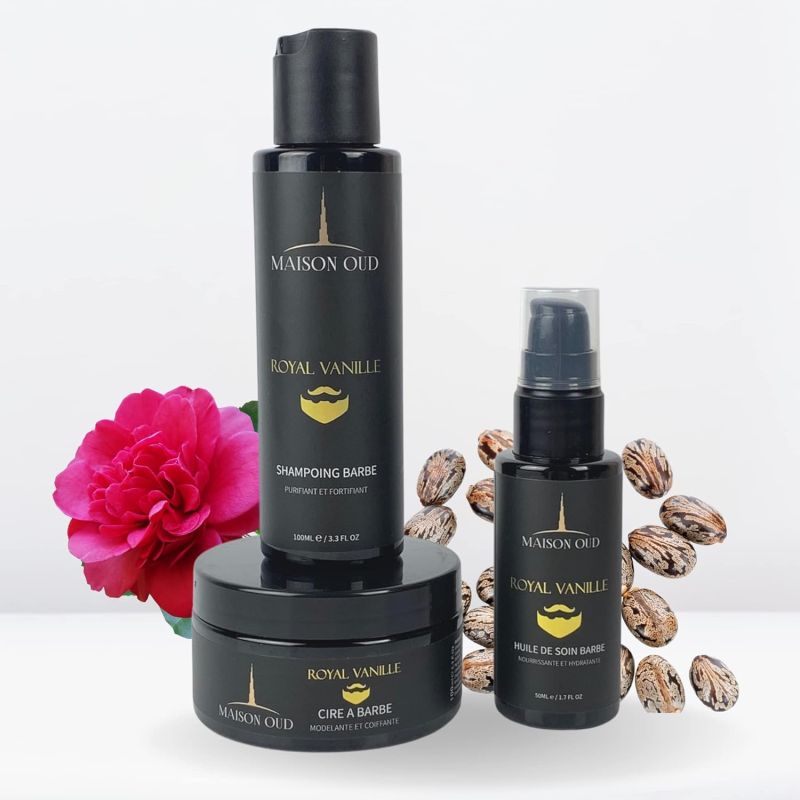 Kit Barbe Homme - Parfum Collection Privée : Royal Vanille - Coffret : Shampoing, Cire, Huile Barbe- Maison Oud