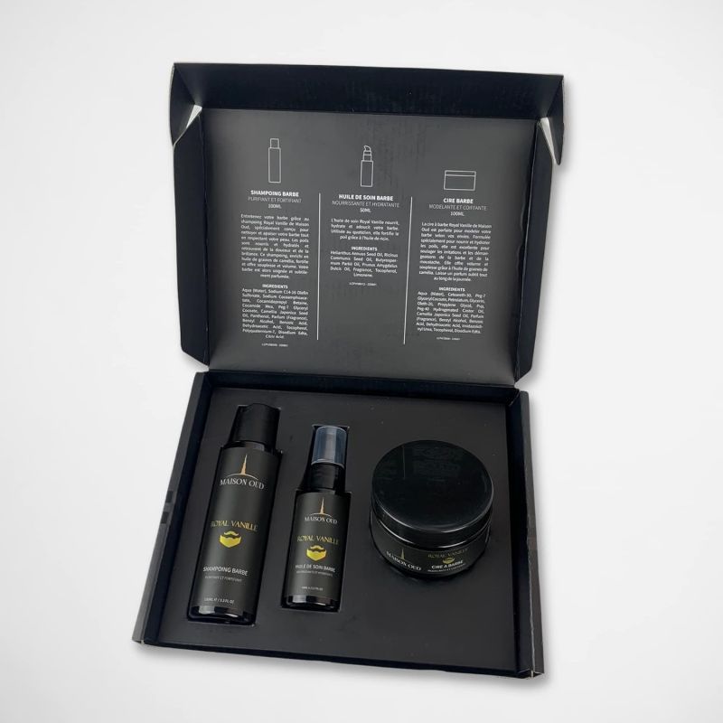 Kit Barbe Homme - Parfum Collection Privée : Royal Vanille - Coffret : Shampoing, Cire, Huile Barbe- Maison Oud