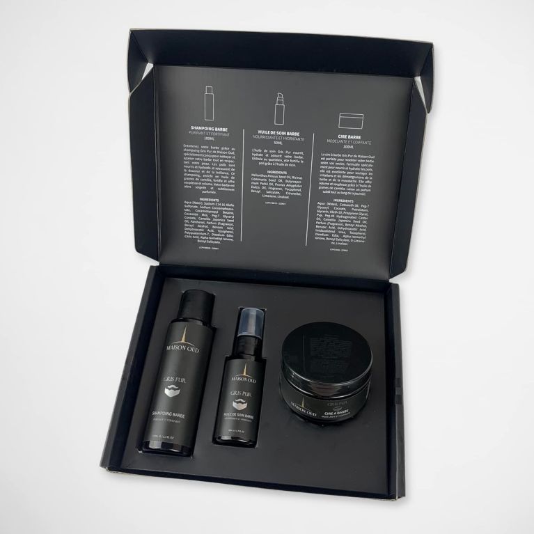 Kit Barbe Homme - Parfum Collection Privée : Gris Pure - Coffret : Shampoing, Cire, Huile Barbe- Maison Oud