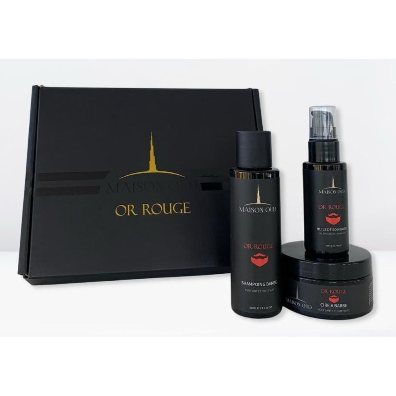 Kit Barbe Homme - Parfum Collection Privée : Or Rouge - Coffret : Shampoing, Cire, Huile Barbe- Maison Oud