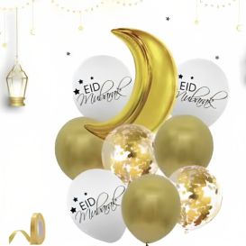 Décoration pour la fête de l'EID MUBARAK : 1 Lune Dorée + 3 Ballons Dorés, 3 Ballons Blancs Eid Mubarak et 2 Ballons Transparent