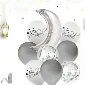 Décoration pour la fête de l'EID MUBARAK : 1 Lune Argentée + 3 Ballons Argentés, 3 Ballons Blancs Eid Mubarak et 2 Ballons Trans