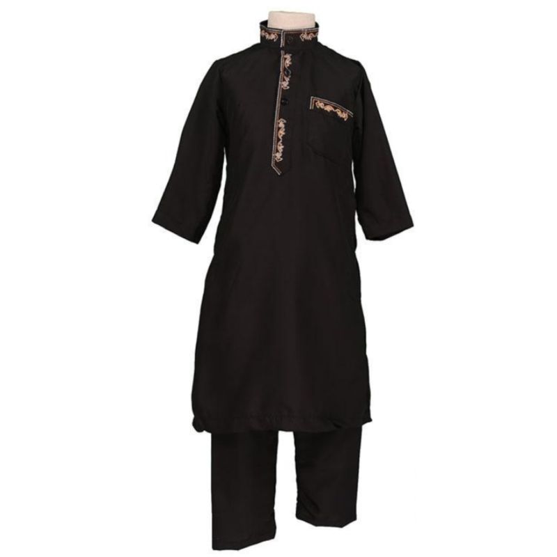 Qamis Enfant Noir et Brodé avec son Pantalon de 4 à 15 ans