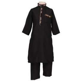 Qamis Enfant Noir et Brodé avec son Pantalon de 4 à 15 ans