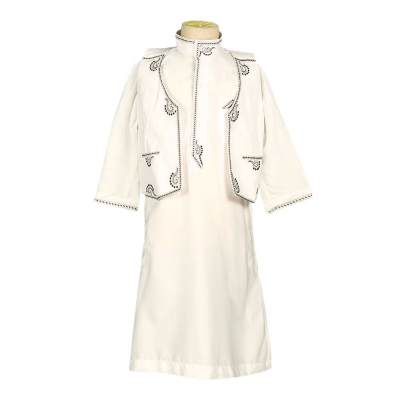 Qamis Traditionnel Bébé et Enfant - Blanc Cassé avec Broderie Marron (4 Ans à 15 Ans)