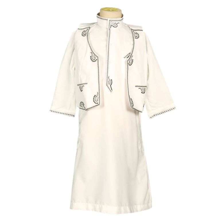 Qamis Traditionnel Bébé et Enfant - Blanc Cassé avec Broderie Marron (4 Ans à 15 Ans)