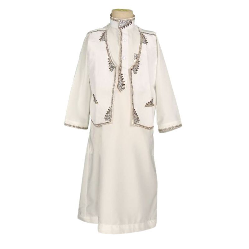 Qamis Traditionnel Bébé et Enfant - Blanc Cassé avec Broderie Verte (3 Mois à 4 Ans)