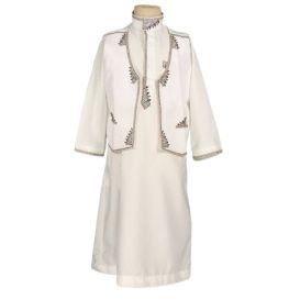 Qamis Traditonnel pour Bébé à Enfant - Blanc Cassé -Manche Longue + Gilet - de 3 mois à 4 ans