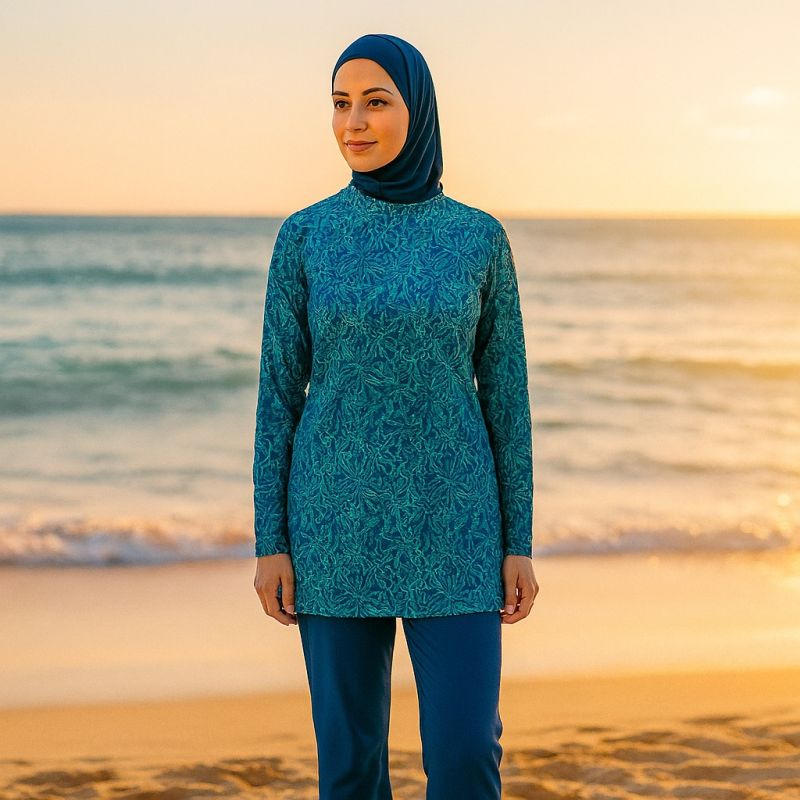 Burkini Hijab à Motifs 3 Pièces - Bleu Lagon- Rozamay