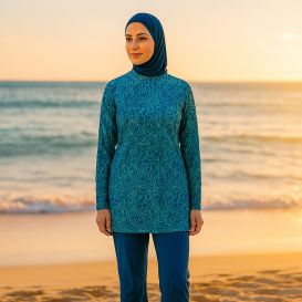 Burkini Hijab à Motifs 3 Pièces - Bleu Lagon- Rozamay
