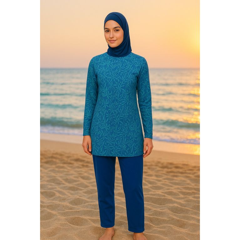 Burkini Hijab à Motifs 3 Pièces - Bleu Lagon- Rozamay
