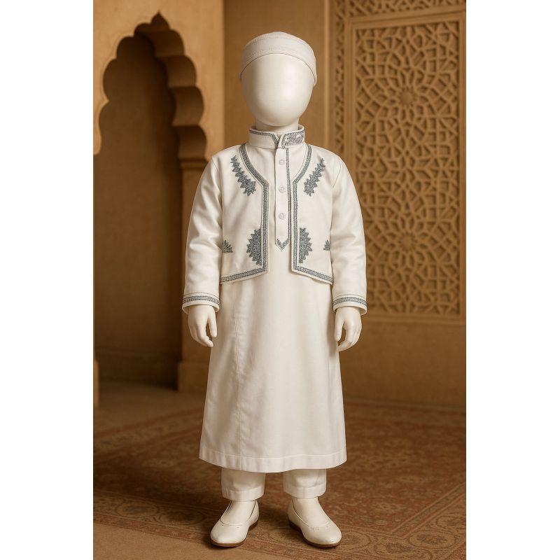 Qamis Traditionnel Bébé et Enfant - Blanc Cassé avec Broderie Verte (3 Mois à 4 Ans)
