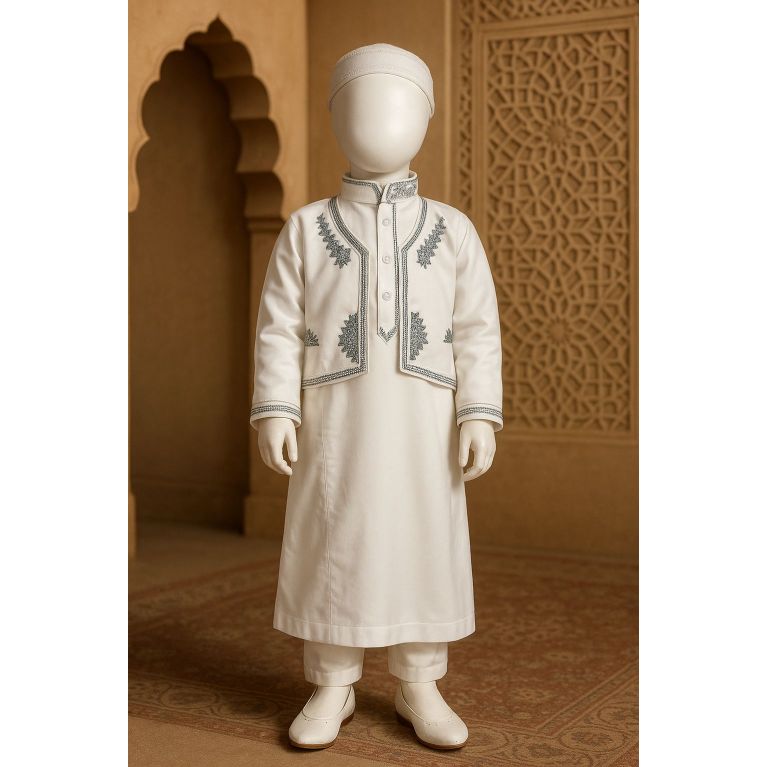 Qamis Traditionnel Bébé et Enfant - Blanc Cassé avec Broderie Verte (3 Mois à 4 Ans) Qamis Traditionnel Bébé et Enfant - Blanc Cassé avec Broderie Verte (3 Mois à 4 Ans)