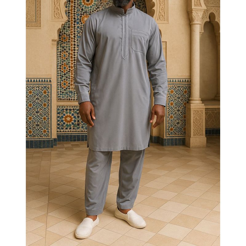 Qamis Pakistanais Anthracite Satin – Qamis & Pantalon Assorti