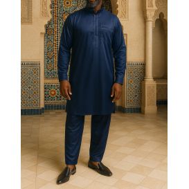 Qamis Pakistanais Bleu Satin – Qamis Court + Pantalon Afaq
