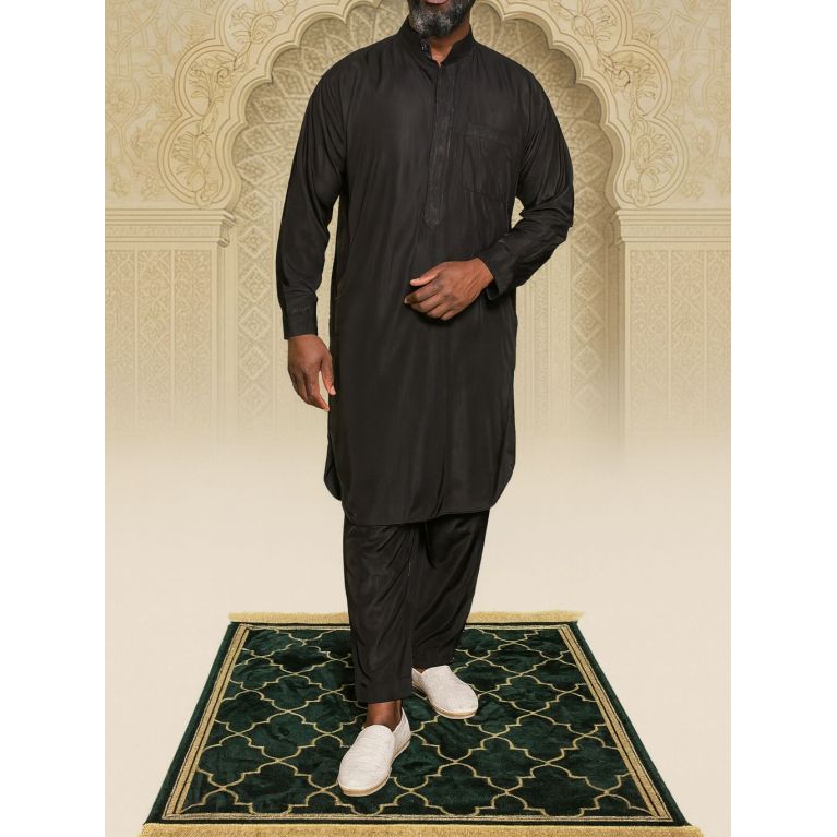Qamis Pakistanais à Col - Tissu Satin Noir - Qamis Court + Pantalon - Afaq Qamis Pakistanais à Col - Tissu Satin Noir - Qamis Court + Pantalon - Afaq