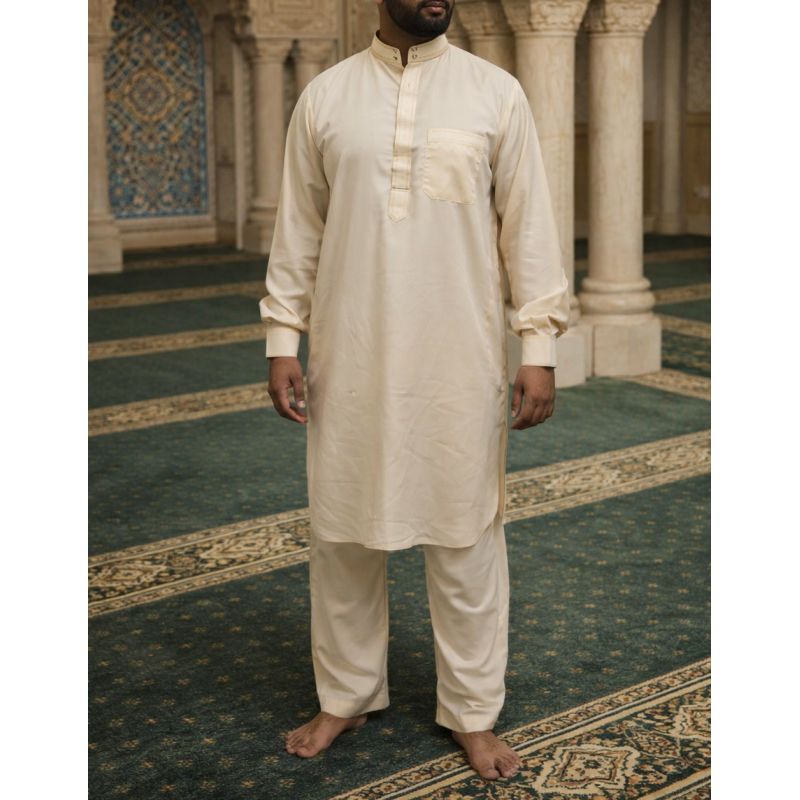 Qamis Pakistanais Beige Crème - Col et Bouton au Manche avec Pantalon Coupe Droite - Afaq - 4239