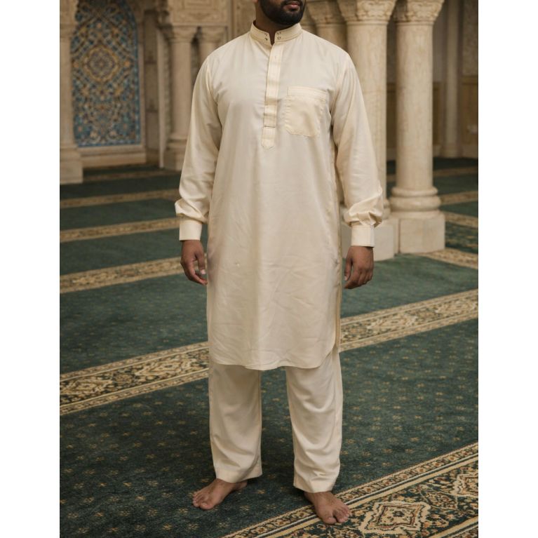 Qamis Pakistanais Beige Crème - Col et Bouton au Manche avec Pantalon Coupe Droite - Afaq - 4239
