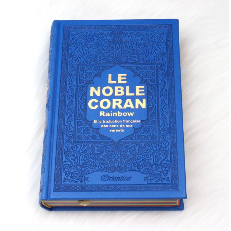 Le Noble Coran Bleu Roi - Couverture Daim - Pages En Couleur Arc-En-Ciel, Rainbow - Bilingue Français-Arabe - 5225