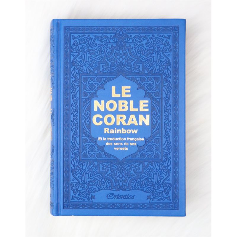 Le Noble Coran Bleu Roi - Couverture Daim - Pages En Couleur Arc-En-Ciel, Rainbow - Bilingue Français-Arabe - 5225
