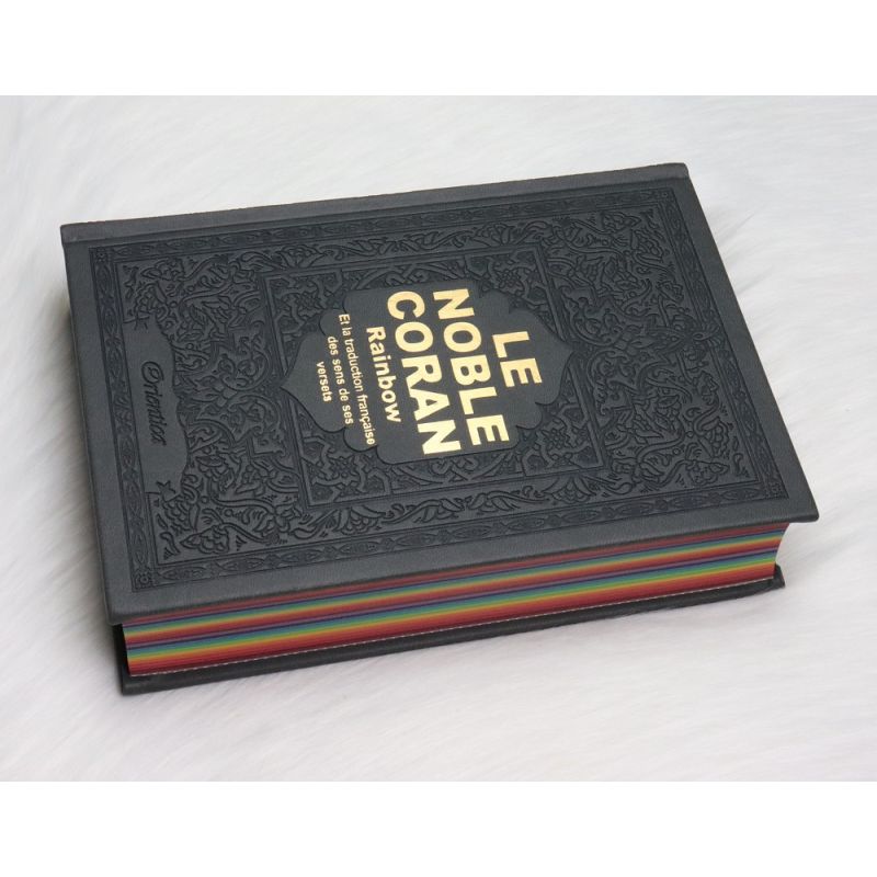 Le Noble Coran Gris - Couverture Daim - Pages En Couleur Arc-En-Ciel, Rainbow - Bilingue Français-Arabe