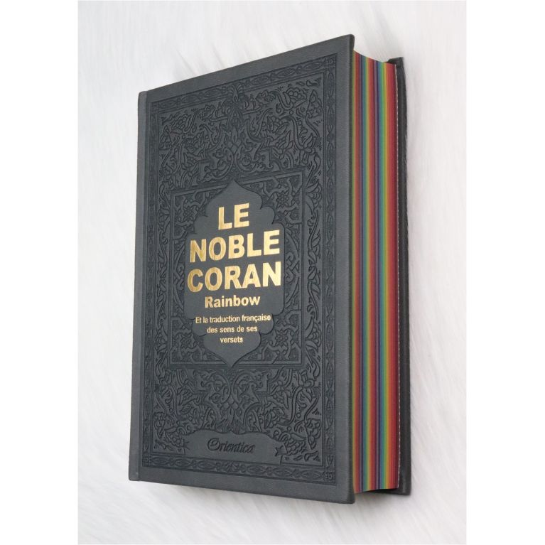 Le Noble Coran Gris - Couverture Daim - Pages En Couleur Arc-En-Ciel, Rainbow - Bilingue Français-Arabe