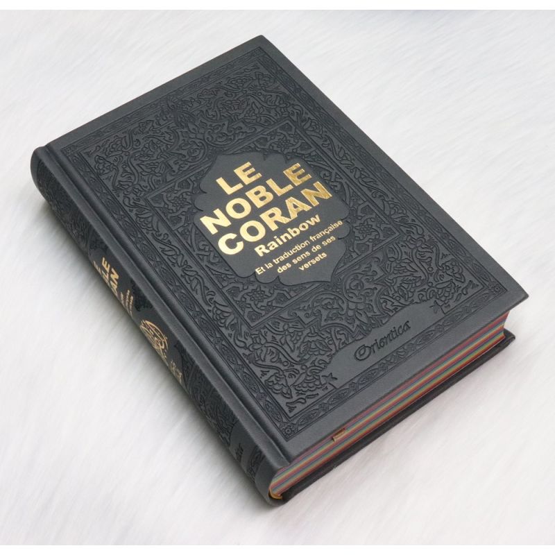 Le Noble Coran Gris - Couverture Daim - Pages En Couleur Arc-En-Ciel, Rainbow - Bilingue Français-Arabe