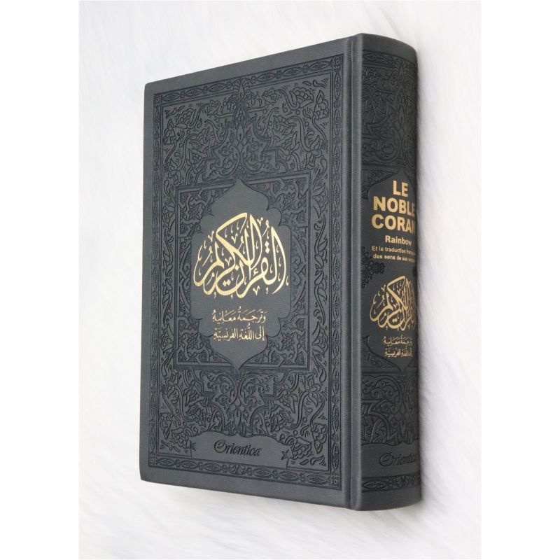 Le Noble Coran Gris - Couverture Daim - Pages En Couleur Arc-En-Ciel, Rainbow - Bilingue Français-Arabe