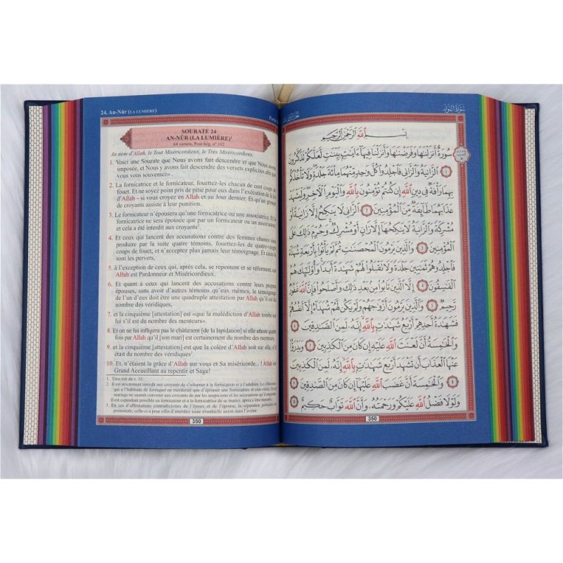 Le Noble Coran bleu marine - Couverture Daim - Pages En Couleur Arc-En-Ciel, Rainbow - Bilingue Français-Arabe - 5225