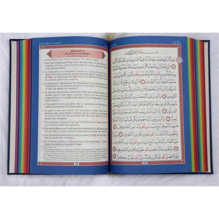 Le Noble Coran bleu marine - Couverture Daim - Pages En Couleur Arc-En-Ciel, Rainbow - Bilingue Français-Arabe - 5225