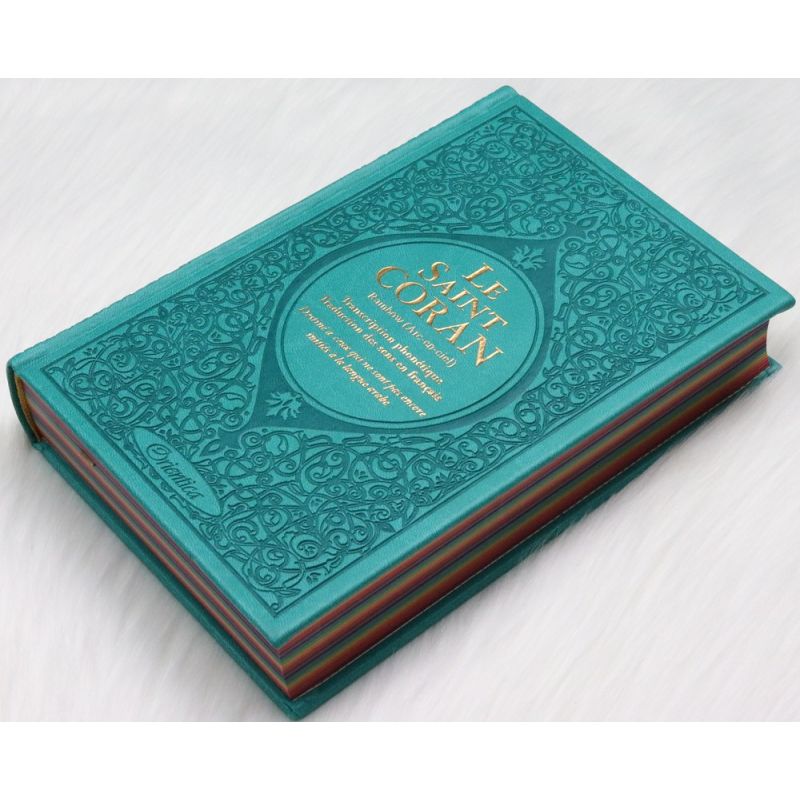 Le Saint Coran Arc en Ciel - Arabe / Français / Phonétique - Edition De Luxe - Couverture En Daim Couleur Vert Bleu
