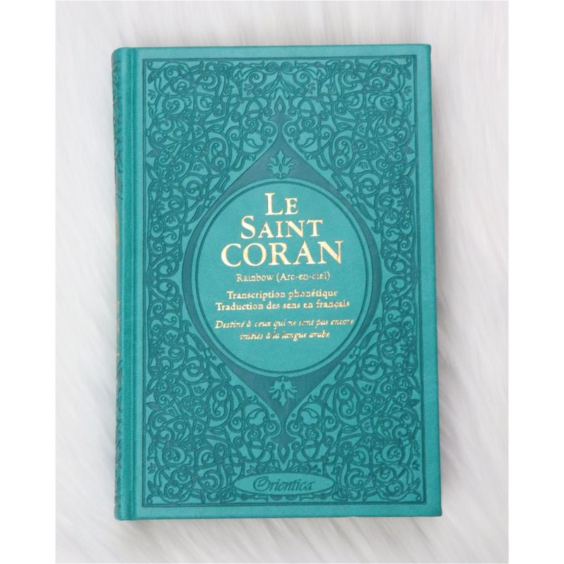 Le Saint Coran Arc en Ciel - Arabe / Français / Phonétique - Edition De Luxe - Couverture En Daim Couleur Vert Bleu