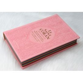 Le Saint Coran Arc en Ciel - Arabe / Français / Phonétique - Edition De Luxe - Couverture En Daim Couleur Rose Pâle