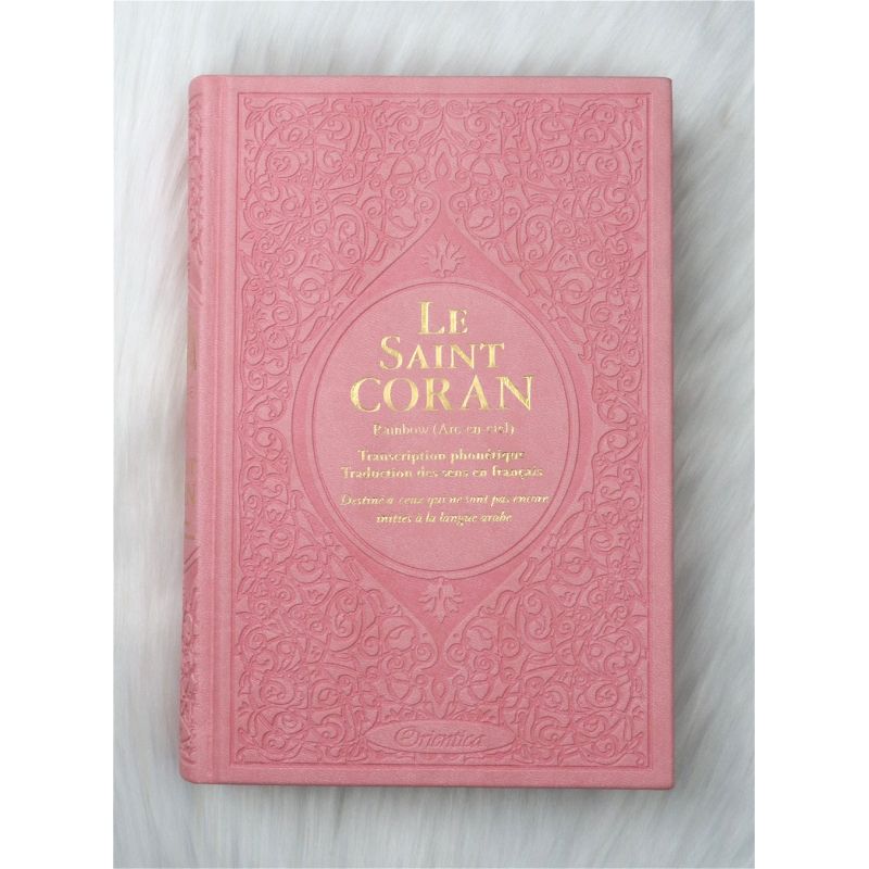 Le Saint Coran Arc en Ciel - Arabe / Français / Phonétique - Edition De Luxe - Couverture En Daim Couleur Rose Pâle