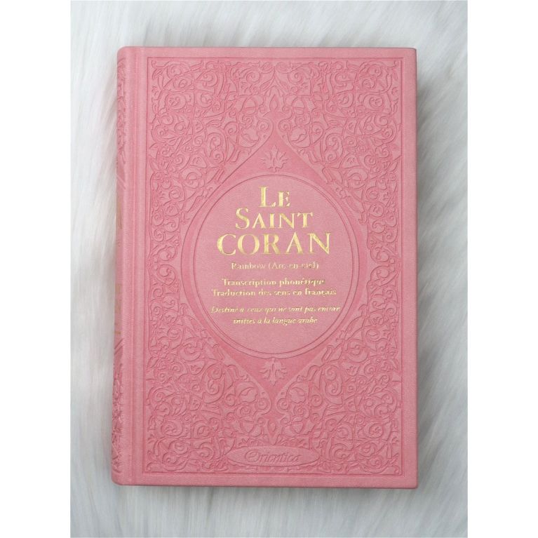 Le Saint Coran Arc en Ciel - Arabe / Français / Phonétique - Edition De Luxe - Couverture En Daim Couleur Rose Pâle