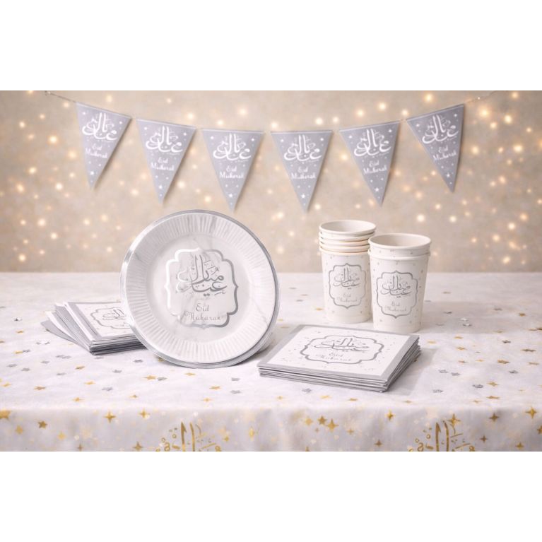 Pack Décoration Eïd Mubarak Argenté – Table et déco prête à recevoir