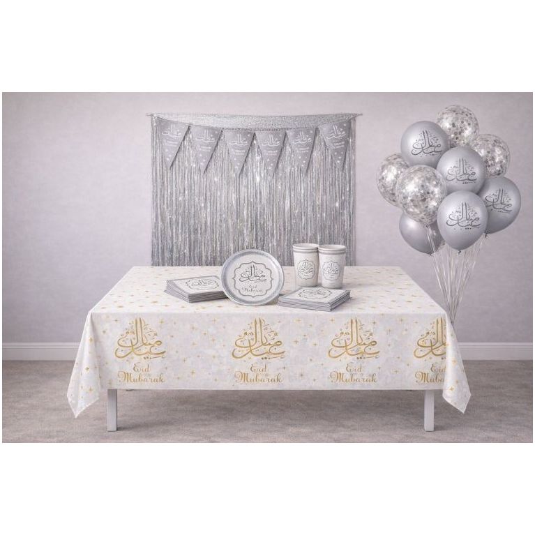 Eid Mubarak Silver Decoration Pack – Table, Wall & Photo Corner