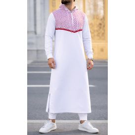 Qamis Long Blanc Impression Keffieh Rouge avec Capuche Qaba'il : QUDS
