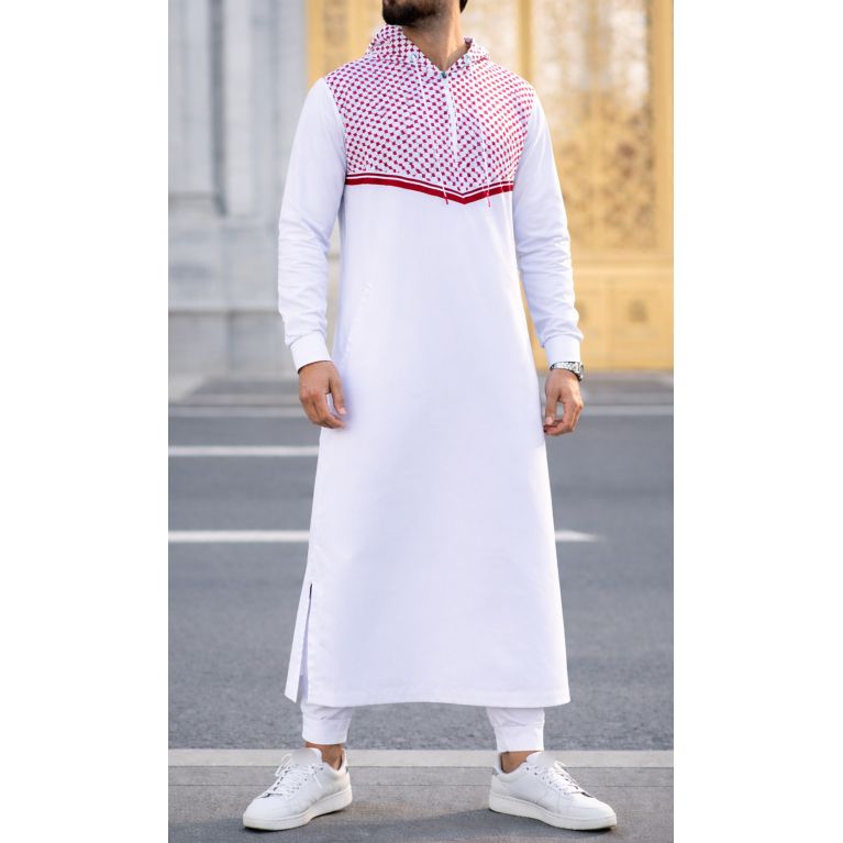 Qamis Long Blanc Impression Keffieh Rouge avec Capuche Qaba'il : QUDS
