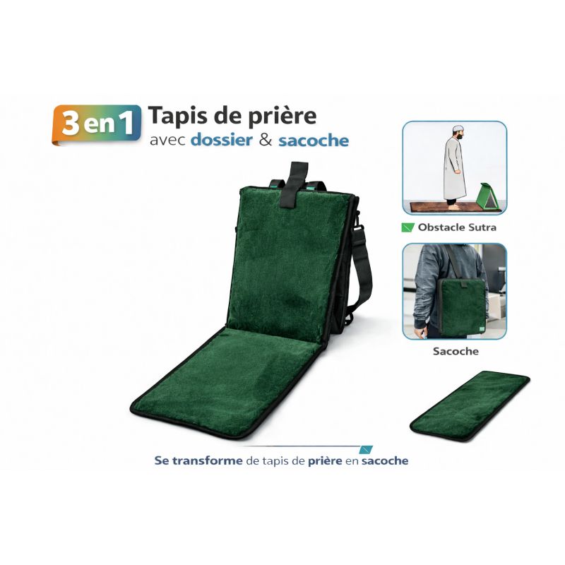 Tapis de prière pliable 3 en 1 avec dossier et sacoche