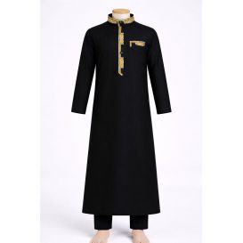 Qamis Enfant Noir et Brodé avec son Pantalon de 4 à 15 ans