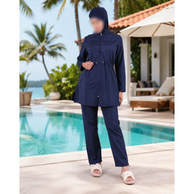 Burkini Femme Bleu Marine à Veste Longue Zippée et Plissée