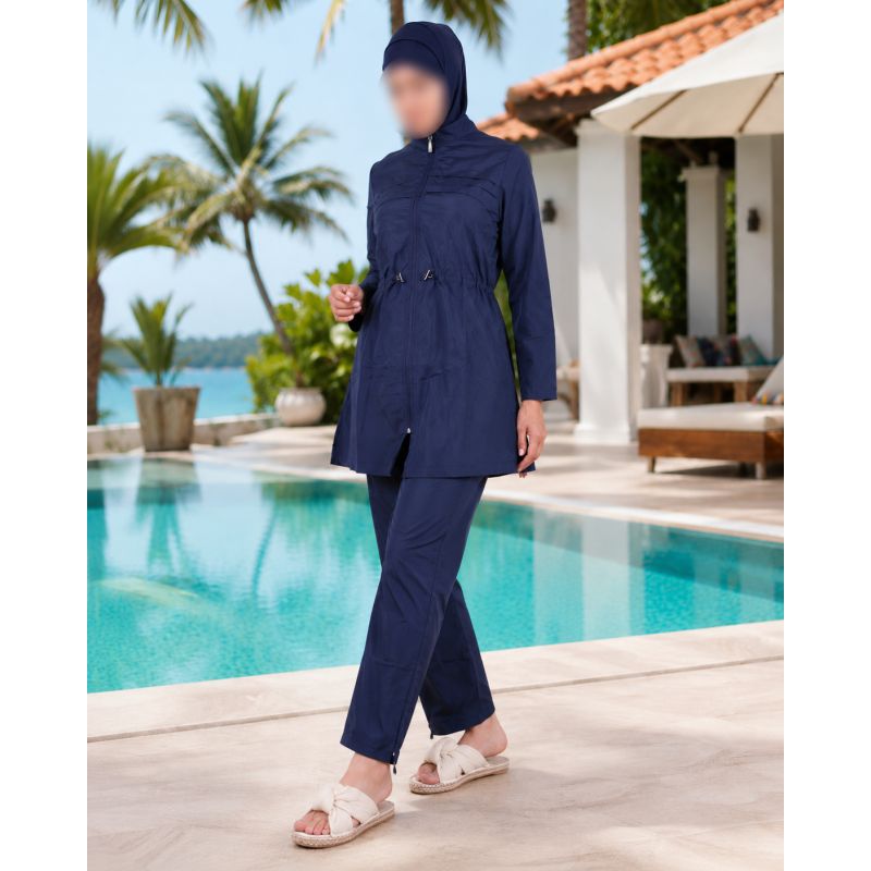 Women’s Navy Burkini with Long Pleated Zip Jacket