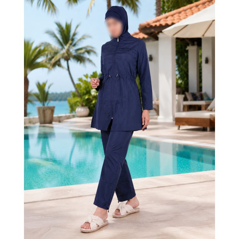 Women’s Navy Burkini with Long Pleated Zip Jacket