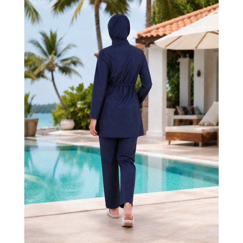 Burkini Femme Bleu Marine à Veste Longue Zippée et Plissée