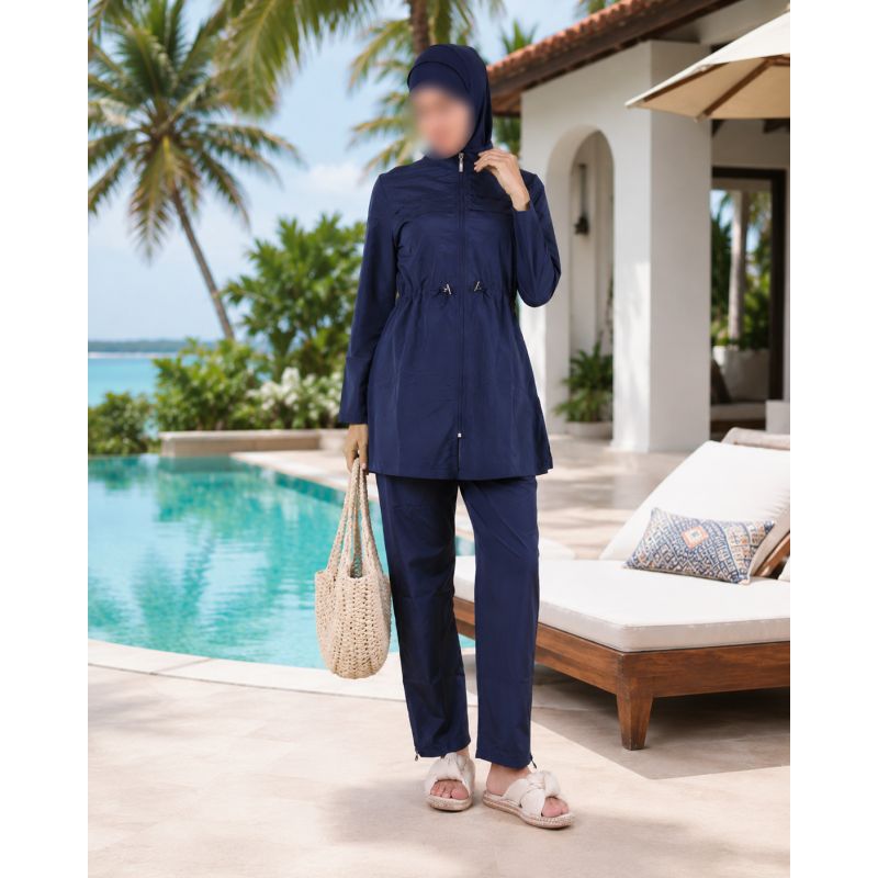 Burkini Femme Bleu Marine à Veste Longue Zippée et Plissée